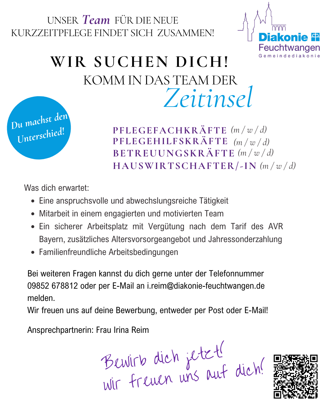 Unser Team für die Zeitinsel Kurzzeitpflege stellt sich neu zusammen – und wir suchen engagierte Kolleginnen und Kollegen, die diesen Weg mit uns gehen möchten.